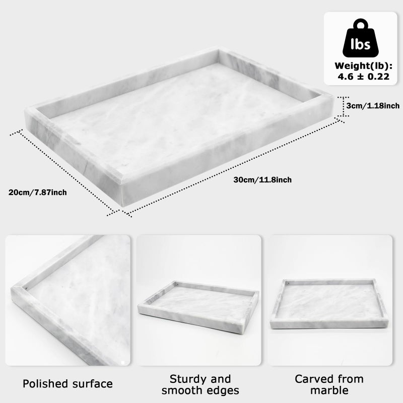 MULWR Marble Bathroom Tray Pure Natural Marble Vanity Tray Marble Tray for Kitchen Counter Non-Ceramic/Non-Resin Stone Tray 12 x 8 inch (White) - Image 3
